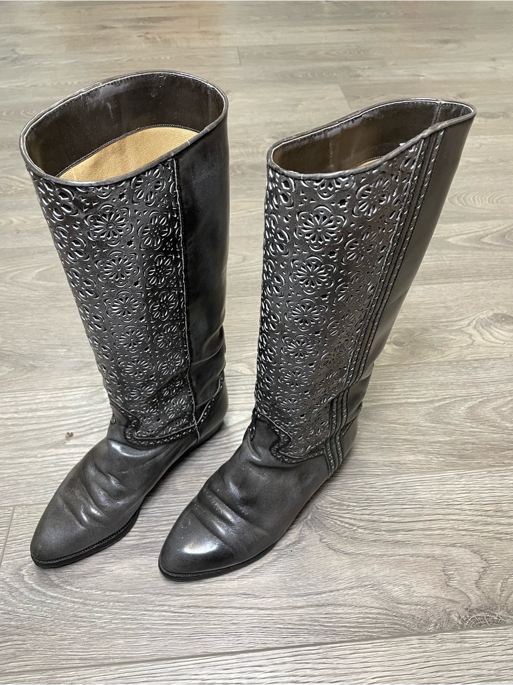 Vintage Italian Leather Knee-High Cutout Boots Size 37.5 Metallic Grey Boho